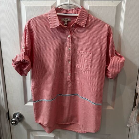 J Crew 100% cotton peach & white stripe popover blouse w an aqua stripe accent - Picture 2 of 12